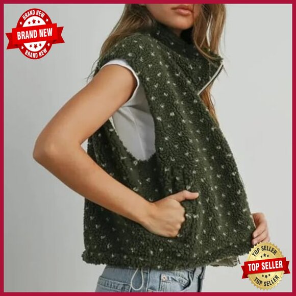 Large Polka Dot Fleece Vest Women Sleeveless High Neck Zipper Loose Fit - Picture 3 of 7